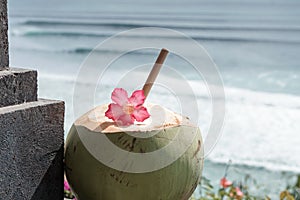 Green young fresh coconut close up with bamboo straw and pink tropical flower on the  cliff and blue ocean with big waves for