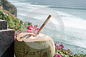 Green young fresh coconut close up with bamboo straw and pink tropical flower on the  cliff and blue ocean with big waves for