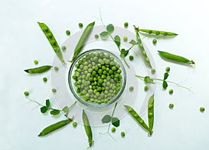 Green young peas in a plate on a white background. Flat lay from the top.