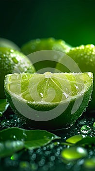 Green zest Lime slice with glistening water drops, a vibrant display