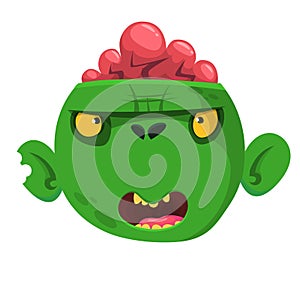 Green zombie with pink brains outside of the head. Halloween character. Vector illustration.