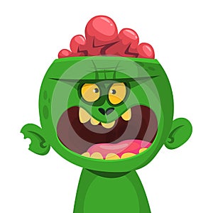 Green zombie with pink brains outside of the head. Halloween character. Vector illustration.