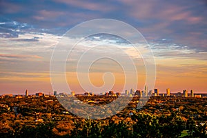 Greenbelt Austin City Skyline Golden Hour Vivid Colors horizon line