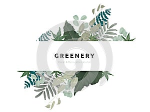 Greenery bouquet wreath template, Epipremnum aureum, tropical green leaves in rectangle shape with white frame