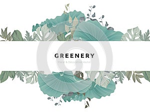 Greenery bouquet wreath template, lotus leaves and tropical green leaves with white frame