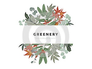 Greenery bouquet wreath template, red Japanese maple leaves, tropical green leaves in circle shape with white frame