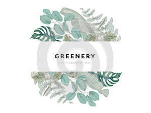 Greenery bouquet wreath template, tropical green leaves in circle shape with white frame