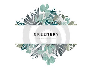 Greenery bouquet wreath template, tropical green leaves in diamond shape with white frame
