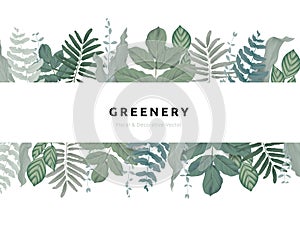 Greenery bouquet wreath template, tropical green leaves in rectangle shape with white frame