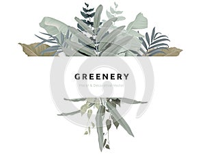 Greenery bouquet wreath template, tropical green leaves with white frame