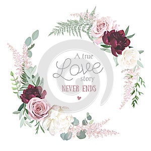 Greenery, burgundy red and white peony, blush rose flowers vector design round invitation frame