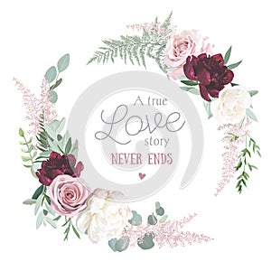 Greenery, burgundy red and white peony, blush rose flowers vector design round invitation frame photo