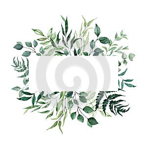 Greenery frame with leaves and green foliage. Watercolor botanical illustration