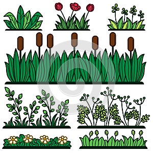 Greenery green grass flower plants and decorative verdure vector flat isolated icons