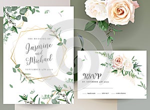 Greenery, pink an creamy rose flowers vector design invitation frames