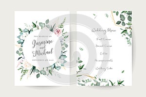 Greenery, pink rose flowers, echeveria succulent vector design invitation frames