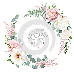 Greenery, pink and white peony, rose flowers vector design round invitation frame