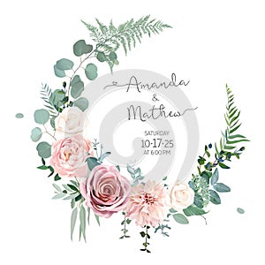 Greenery, pink and white peony, rose flowers vector design round invitation frame photo