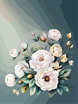 Greenery, pose and white peony, blush rose flowers vector illustration design