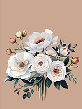 Greenery, pose and white peony, blush rose flowers vector illustration design