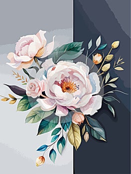 Greenery, pose and white peony, blush rose flowers vector illustration design