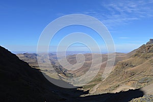 Greenery in Sani pass under blue sky near kingdom of Lesotho South Africa border near KZN and Midlands meander