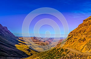 Greenery in Sani pass under blue sky near Lesotho South Africa b during blue hour