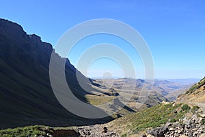 Greenery in Sani pass under blue sky near Lesotho South Africa border