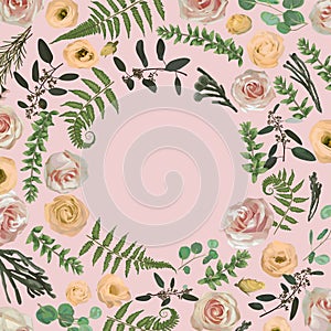 Greenery selection vector design round invitation frame. Flowers, eustoma cream, brunia, green fern, eucalyptus, branches.