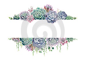 Greenery, succulent and branches frame border on white background. Beautiful template for invite or greeting card, banner. All