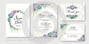 Greenery, succulent and branches Wedding Invitation card, save the date, thank you, rsvp template design. Vector