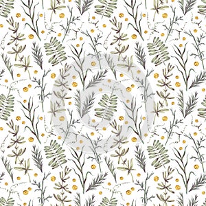 Greenery texture. Watercolor hand drawn seamless pattern with illustration of green leaves, spring herbs, wild flowers