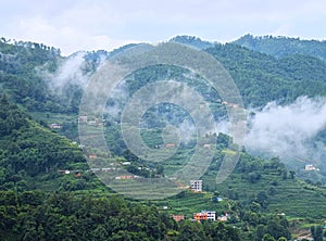 Greenery, Trees, and Step Farms with Scattered Buildings in a Himalayan Hamlet in Nepal, Asia - Picturesque landscape