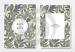 Greenery wedding invitation card template design, green and black leaves with circle and rectangle frames on light brown