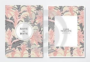 Greenery wedding invitation card template design, pink and black Bromeliaceae with circle and rectangle frames on light brown