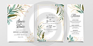 Greenery wedding invitation card template set with leaves and floral glitter decoration. Botanic illustration for background, save