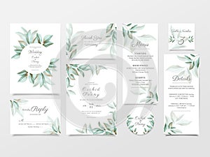 Greenery wedding invitation card template suite. Elegant watercolor floral background bundle, Invite, Save the Date, Thank You,