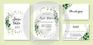 Greenery wedding Invitation, save the date, thank you, rsvp card Design template. Lemon leaf, silver dollar, olive leaves, Ivy photo