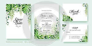 Greenery wedding Invitation, save the date, thank you, rsvp card Design template. Vector. Summer leaf, silver dollar eucalyptus,