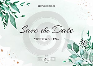 Greenery wedding invitation. Watercolor style. Natural card design. All elements are isolated and editable.