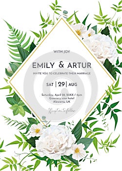 Greenery wedding invite, save the date card design. Lush green fern leaves, tender jasmine vines, elegant roses, white camellia