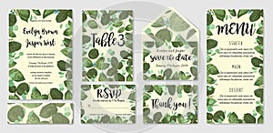 Greenery wedding menu, information, label, table number, envelop