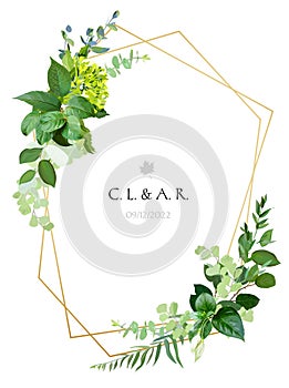 Greenery wedding simple invitation. Watercolor style geometry card.