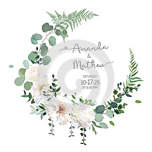 Greenery and white peony, rose flowers vector design round invitation frame