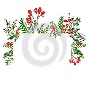 Greenery wreath banner with hand drawn watercolor winter evegreen plants and red berries with place for text.