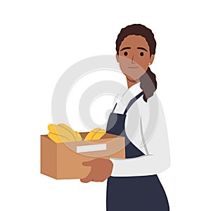 Greengrocer selling fruits. Young black woman holding box of banana