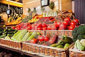 Greengrocery with fresh fruits and vegetables. photo