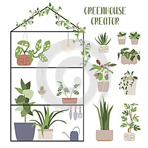 Greenhouse Creator. Set with house plants and pots. Concept of botanical garden, home gardening