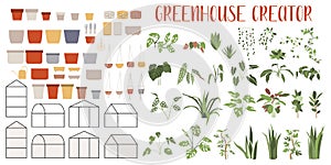 Greenhouse Creator. Set with house plants and pots. Concept of botanical garden, home gardening