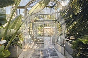 Greenhouse entrance door, shot from indoors, looking outside.